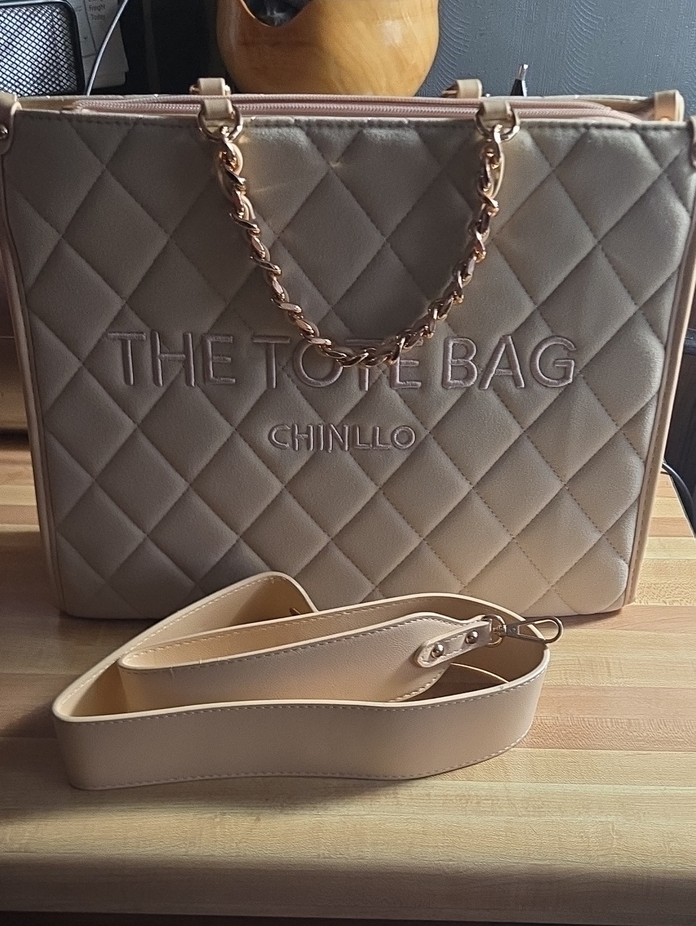 Beige Quilted Tote Bag with Chain Handles